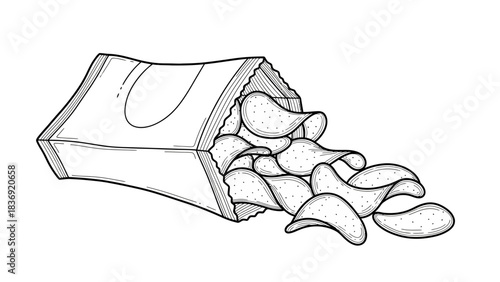 “Open Chips Packet Line Art Icon – Hand-Drawn Snack Vector Illustration”