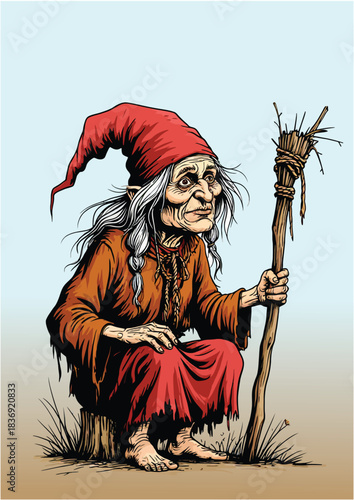 054-10-Cartoon illustration of an old witch, hag, or crone character wearing a red hat and holding a broomstick