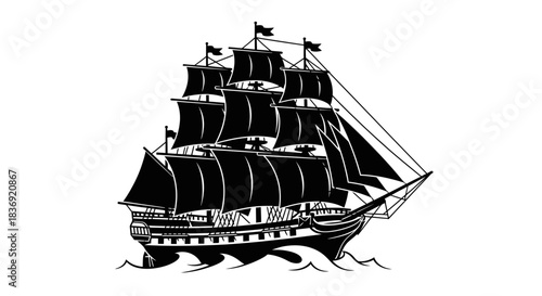 Vintage sailing ship navigating through waves