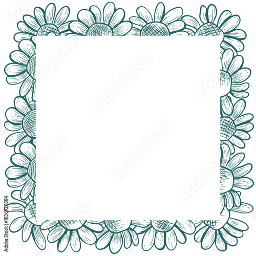 A square frame with daisies. Vector frame in a line art style. Botanical drawing of wildflowers. Made in a popular dark turquoise shade. Engraving depicting nature.