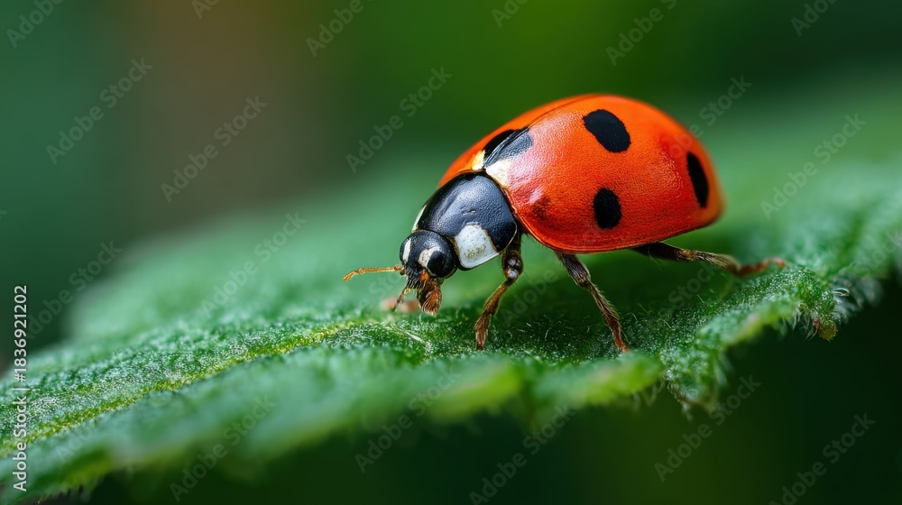 Obraz premium Vivid macro photograph showing detailed close-up of bright red ladybug with black spots walking across fresh green leaf surface on white background