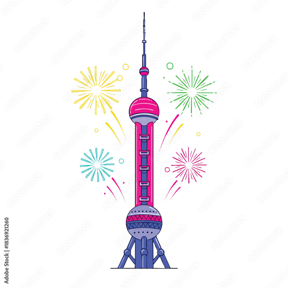 Fototapeta premium Oriental Pearl Tower surrounded by bright New Year fireworks