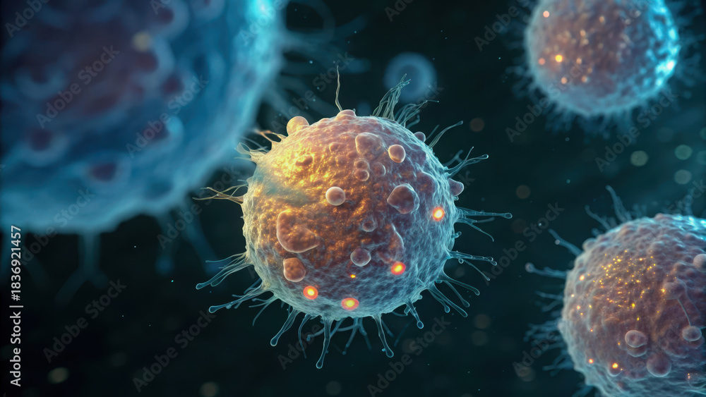 Obraz premium Cancer research visual. Microscopic view of cancer cells dividing, showcasing intricate details and vibrant colors