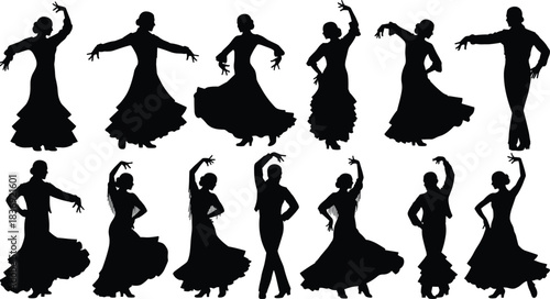 Black Silhouettes Set of Women Dancers Performing Elegant Moves, Ladies in Long Flamenco-style 