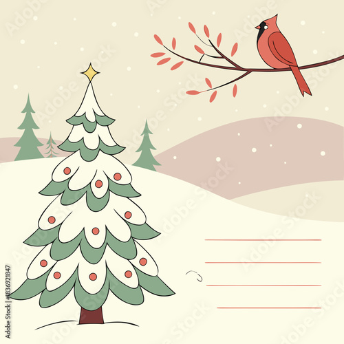 Christmas tree with cheerful mood, snow and cardinal bird on a branch against winter background