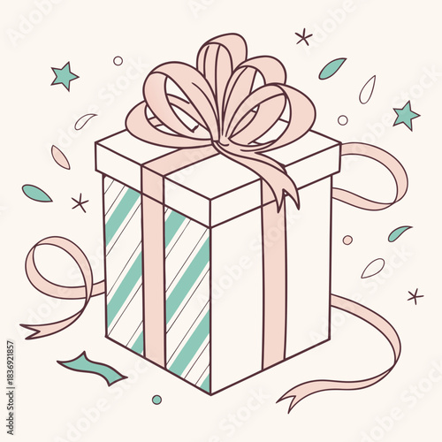 Gift box with festive mood, decorated with ribbon and bow against soft pastel background