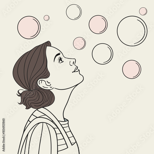 Young woman enjoying bubbles with a joyful expression, minimalistic style, light background, copy space