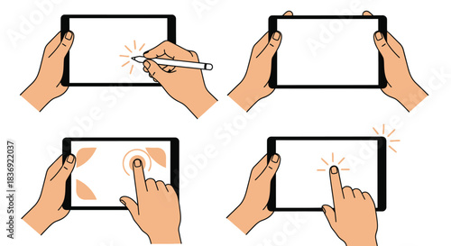 Hands interacting with tablets in various touch gestures