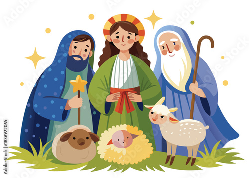 A heartwarming christmas nativity scene illustration featuring mary joseph and a shepherd with baby jesus sheep and a lamb