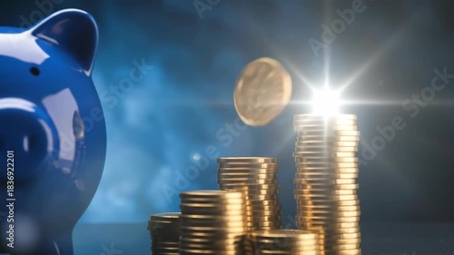 Blue piggy bank with stacks of gold coins against blurred blue background showing financial growth