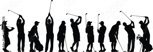 Black vector silhouette set of diverse people playing golf, depicting various swing and action poses, perfect for sport, leisure, outdoor activity, and professional golf tournament concepts.