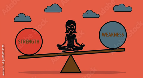 Woman meditates balancing strength and weakness