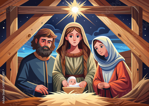 A serene depiction of the holy family in a stable illuminated by the star of bethlehem radiating peace and divine love