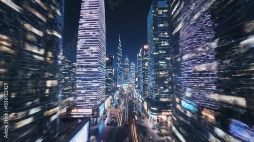 Futuristic Cityscape at Night with Gleaming Skyscrapers and Streaking Lights, Representing Urban Nightlife and Modern Technology