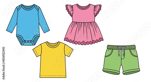 Colorful baby clothes set with onesie dress shirt shorts