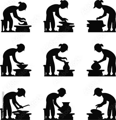 Silhouette of a potter working with clay on a pottery wheel in multiple stages on a white background
