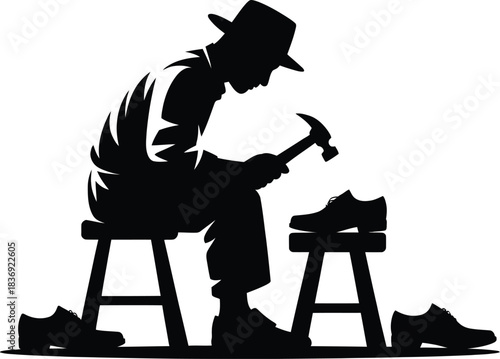 Silhouette of a shoemaker working on shoes with a hammer on a white background cobbler footwear