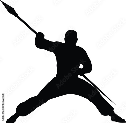 Silhouette of a Warrior Holding a Spear in Dynamic Pose on White Background male fighter
