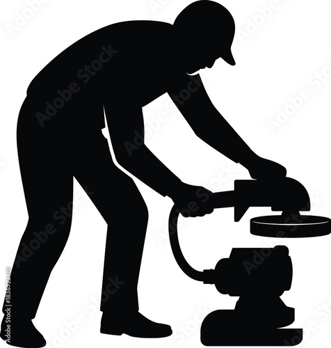 Silhouette of a worker using a floor polisher machine on a white background male person