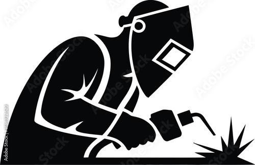 Welder Silhouette Icon Performing Arc Welding on White Background Keywords: welder, welding, arc welding, industrial, worker, silhouette, icon, profession, metalwork