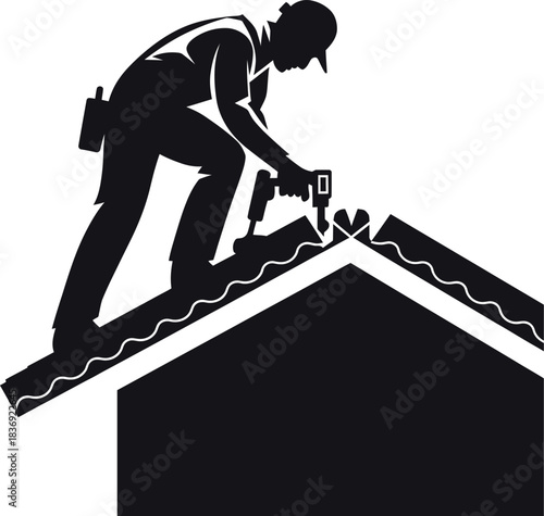 Black Silhouette of a Roofer Using a Nail Gun on a House Roof on a White Background construction worker