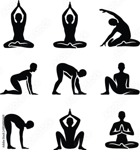 Collection of Black Silhouettes of People Performing Yoga Poses on a White Background exercise meditation