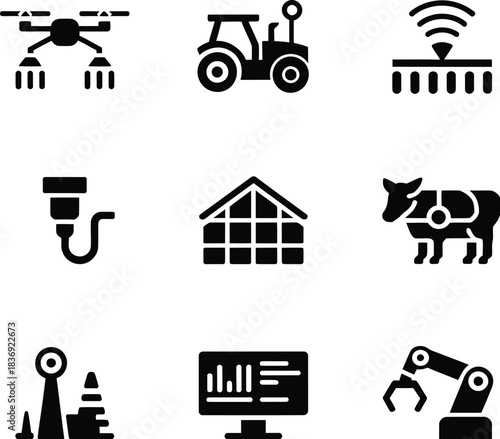 Icons representing smart agriculture and technology on a white background farming drone