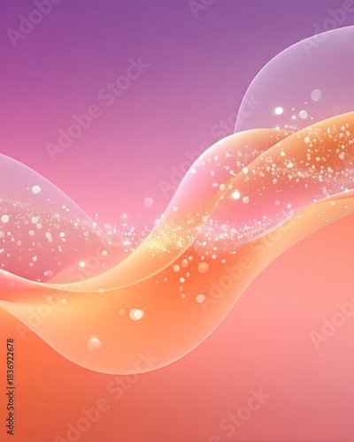 Abstract flowing waves of soft orange and warm tones with sparkling glitter particles on a gradient purple background creating a dreamy ethereal atmosphere