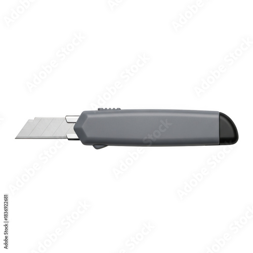 Grey utility knife with retractable sharp blade extended tool