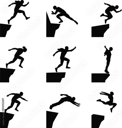 Nine Silhouettes of Athletes Jumping from Cliffs on White Background Keywords: athletes, jumping, cliff, edge, leap, action, silhouette, sport, extreme, adventure, risk
