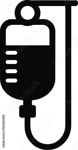 IV Drip Bag Silhouette Icon with Fluid and Tubing on White Background Keywords: IV drip, intravenous, infusion, medical, healthcare, hospital, patient, treatment, fluid, bag