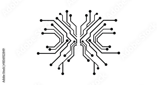 Symmetrical circuit board design with lines and dots on white