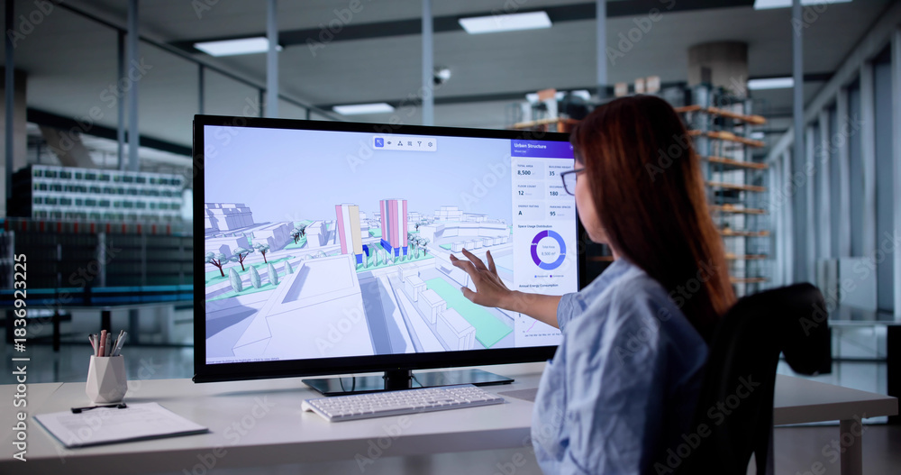 Fototapeta premium Young Woman Engineer Uses GIS Software For Construction Inspection