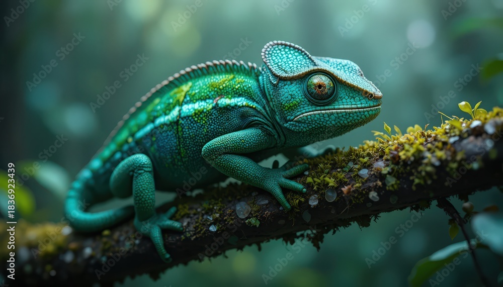Fototapeta premium Vibrant turquoise chameleon on moss-covered branch in rainforest