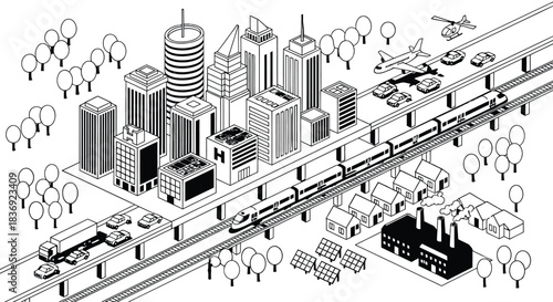 Modern cityscape with sustainable transportation and green environment