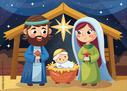 Charming nativity scene illustration featuring mary joseph and baby jesus in a stable under a starry night sky