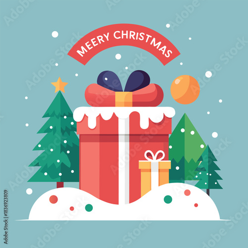 Festive flat design christmas scene with a large red gift box and snowing trees