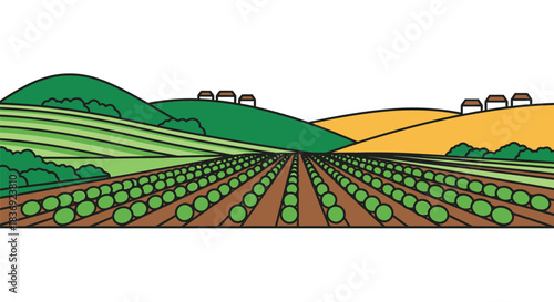 Vibrant farm landscape with rolling hills and lush green crops