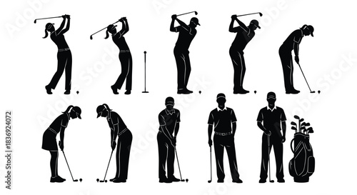 Golfers in various poses with clubs and swings