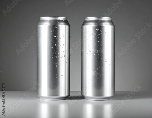 Two metallic cylindrical cans with condensation on a gray surface