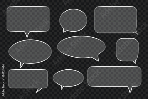 Clear glass speech bubble and text box collection on transparent