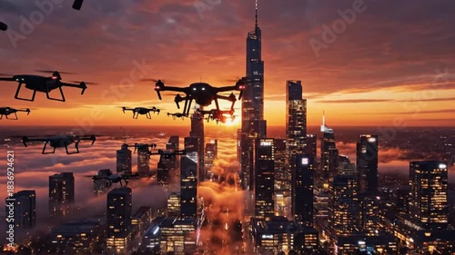 futuristic cityscape with autonomous drones flying over modern skyscrapers at sunset