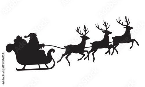 Silhouette of santa claus riding a sleigh pulled by reindeer in a winter scene vector illustration