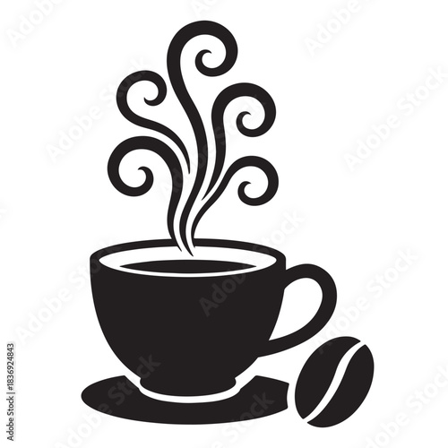 Silhouette black steaming cup of coffee with single bean vector illustration