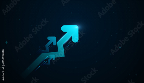 A Dynamic neon arrows moving upward chart, Created for business and technology sucess expansion and strong financial performance. Abstract blue arrow trend advance moves