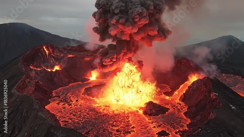 Dramatic eruption of a volcano spewing molten lava and ash into the sky