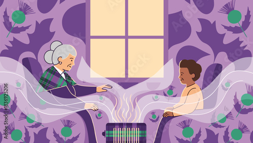 Cozy Scottish gran using smart tartan heater warming room wi in vector style. Features thistle and highland palette. cultural projects, website backgrounds, presentation templates, branding ma...
