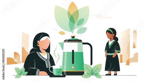 Modern vector design. Algerian jadda using smart mint tea brewer with biracia. Modern mint and gold tones. Ideal for website backgrounds, presentation templates, branding materials, digital de...