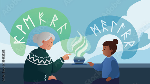 Vector illustration with vector aesthetic. Icelandic amma using smart northern lights lamp with bi. aurora-glacier color scheme. Perfect for website backgrounds, presentation templates, brandi...