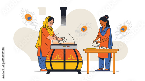 Vector illustration with vector aesthetic. Punjabi dadi using smart tandoor oven with biracial (Wh. tandoor-turmeric color scheme. Perfect for website backgrounds, presentation templates, bran...